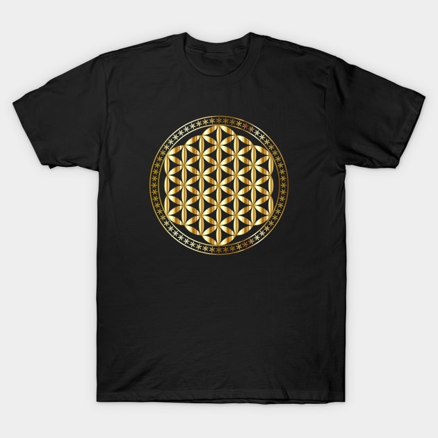 Flower of Life Sacred Geometry Gold Metal T-Shirt by Wareham Spirals